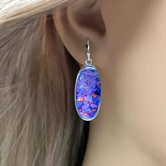 BOHO Chic Blue Stone Dangle Earrings, Synth Lapis and Turquoise - Picture 4 of 4